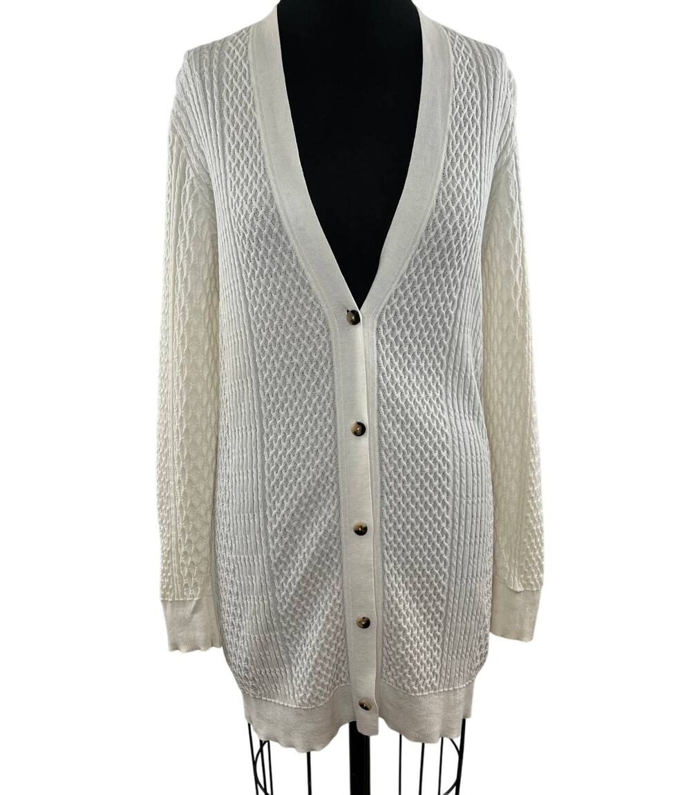 THEORY Off White Lightweight Cable Knit V-Neck Button Cardigan Sweater Small S